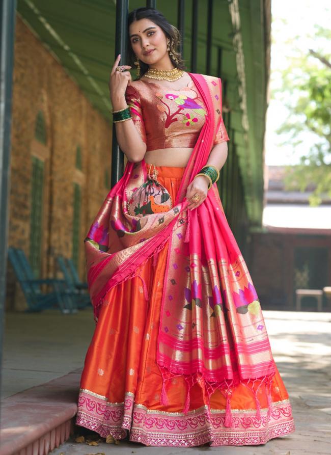 Paithani Silk Orange Festival Wear Weaving Lehenga Choli